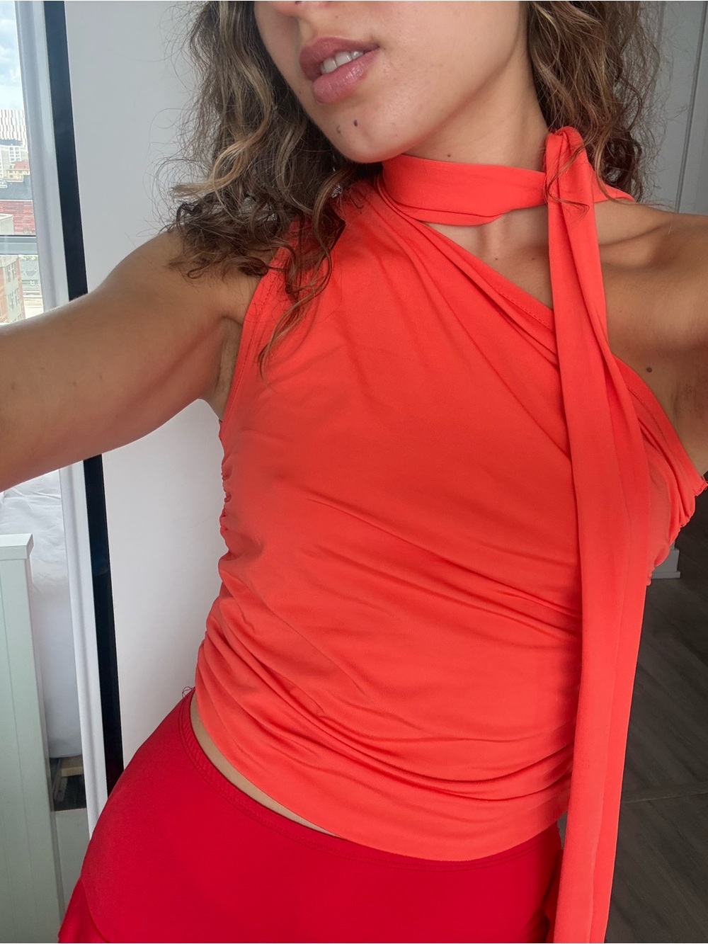 Asymmetric Tie-Neck Tank Top in Vibrant Coral